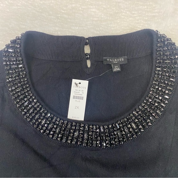 Talbots Sweater Womens Plus 2X Black Pullover Top Knit Short Sleeve Beaded Neck - Picture 3 of 11